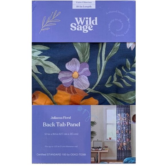 new NAVY Wild Sage Julianna Floral 100% Cotton Back Tab Window Curtain 84"Lx50"W - Picture 2 of 13